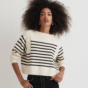 Madewell Rolled Neck Pullover Sweater Striped Cream Navy Cotton Medium Women